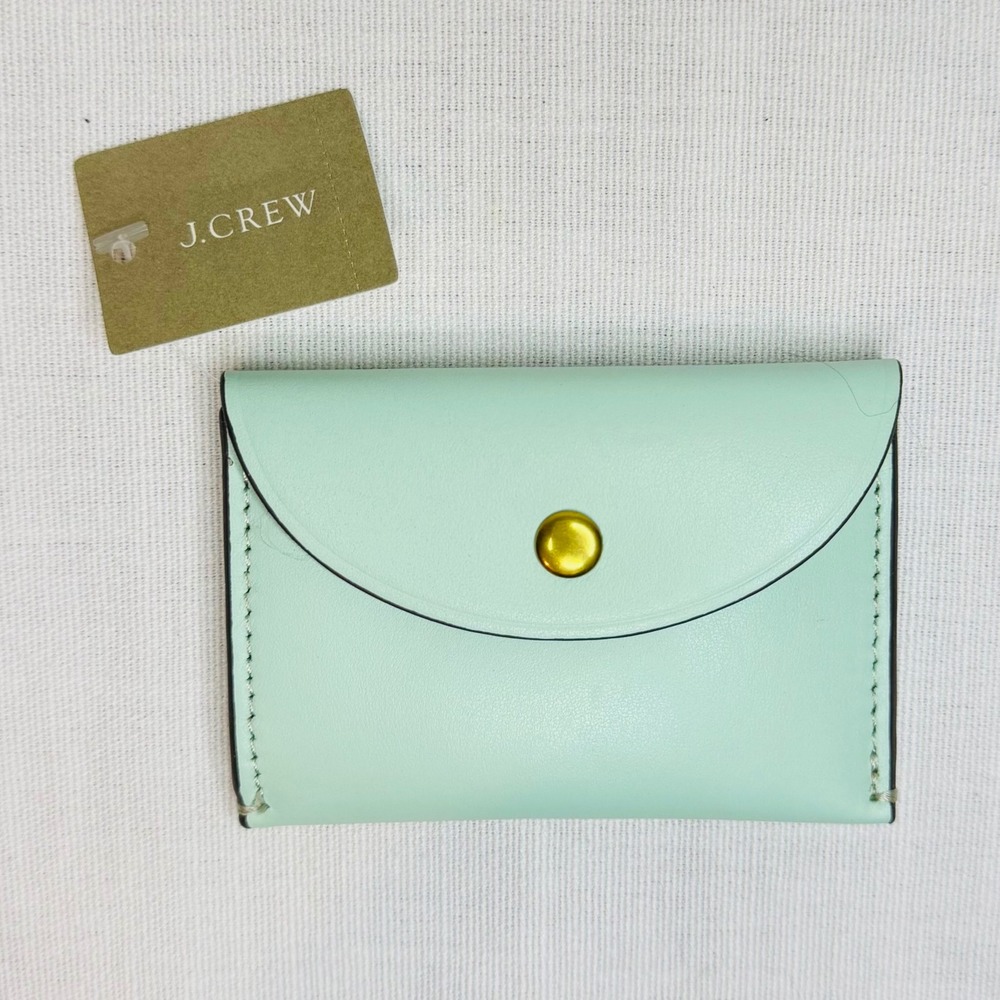 J.Crew Mint Green Leather Envelope Card Case Wallet Gold Snap New